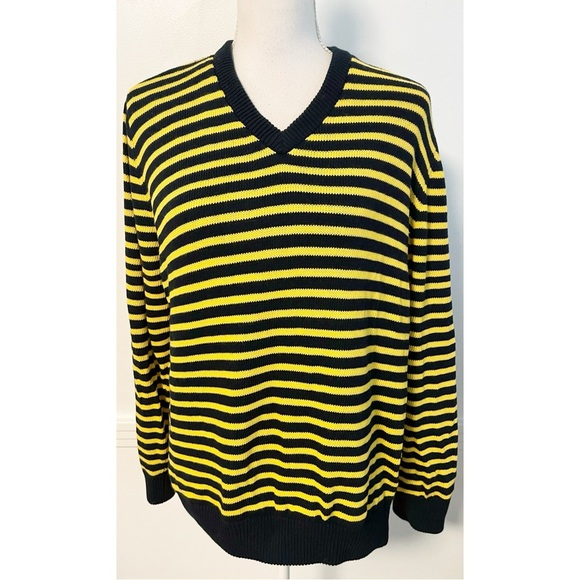 Navy Blue Yellow Striped Reversible Windbreaker/Sweater with White Zipper Side - Picture 3 of 6